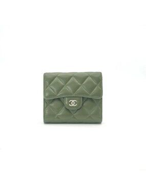 Chanel Wallet Trifold Mini Khaki Green Silver CC Logo Classic Small Coin Case